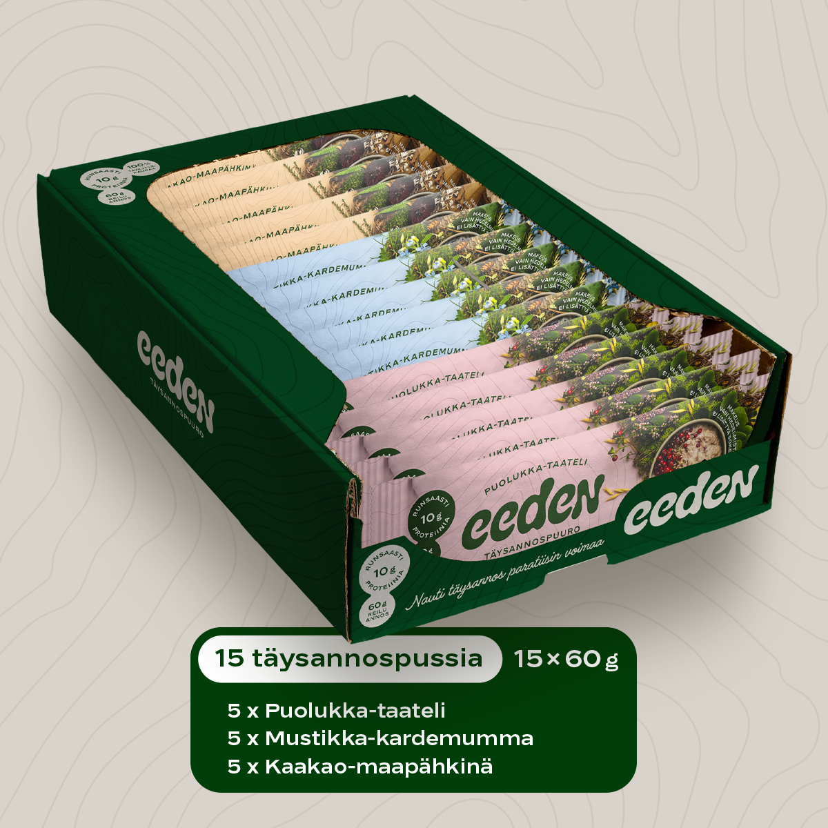 3 makua x 5kpl Eeden täysannospuuroja (yht. 15kpl)