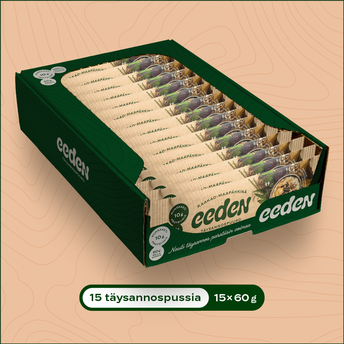 15 kpl Eeden kaakao-maapähkinä täysannospuuroja (15 x 60g)