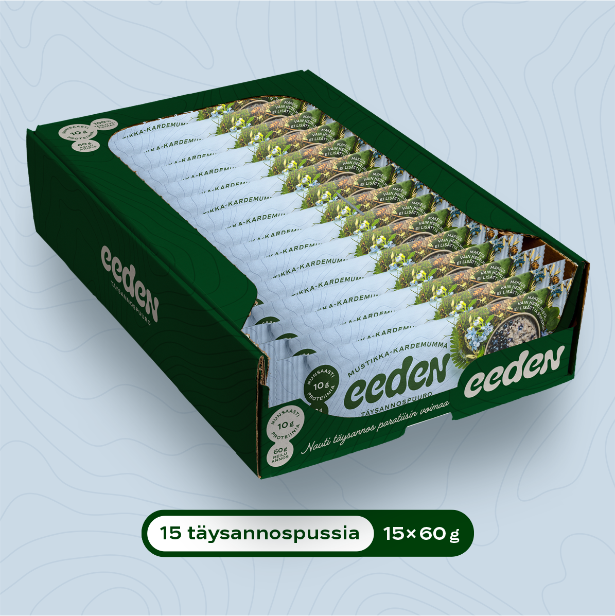 15kpl Eeden mustikka-kardemumma täysannospuuroja (15 x 60g)
